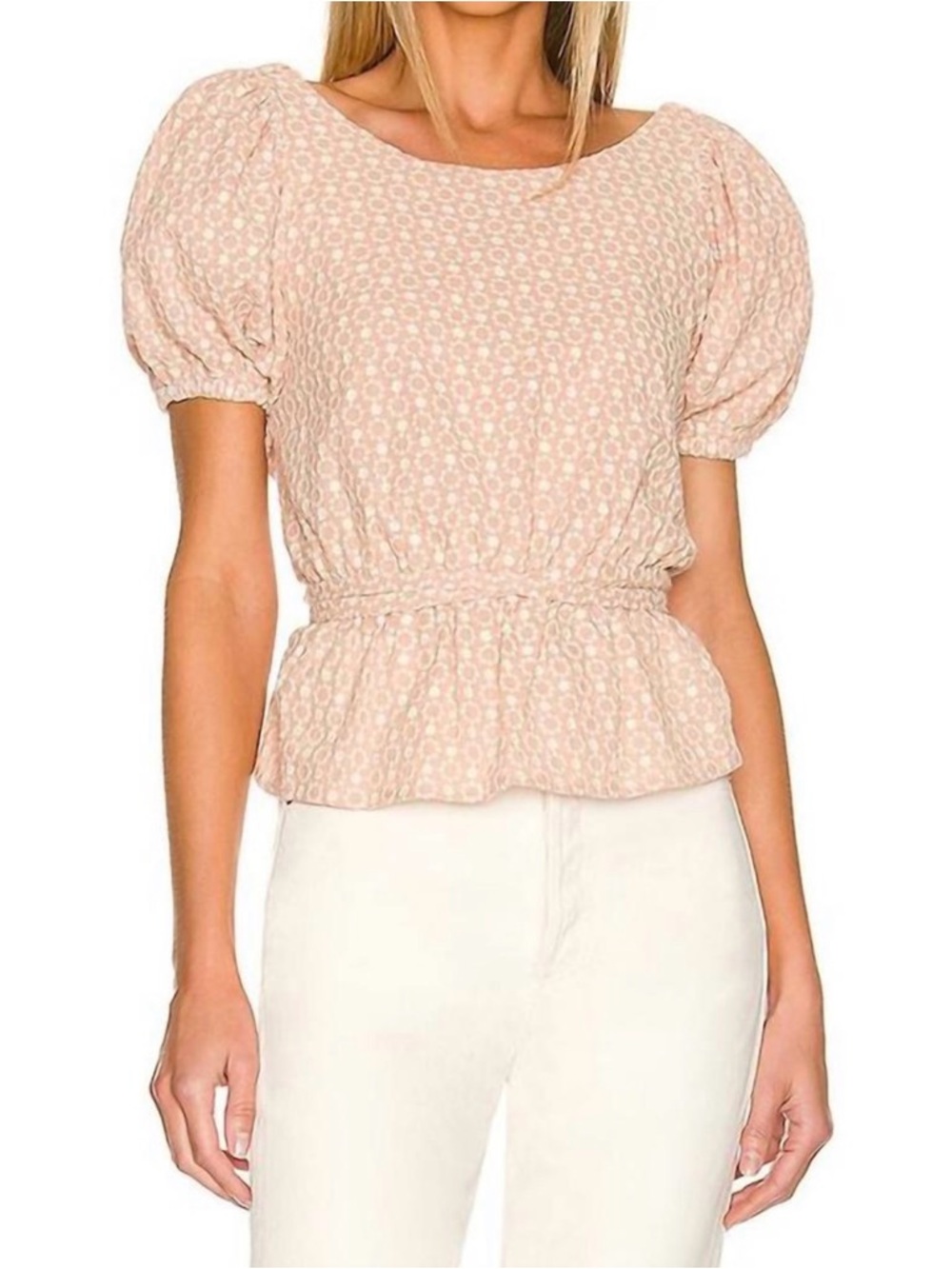 Line & Dot NWT  Millie Top Floral embroidered Puff Sleeve Peplum S Flamingo